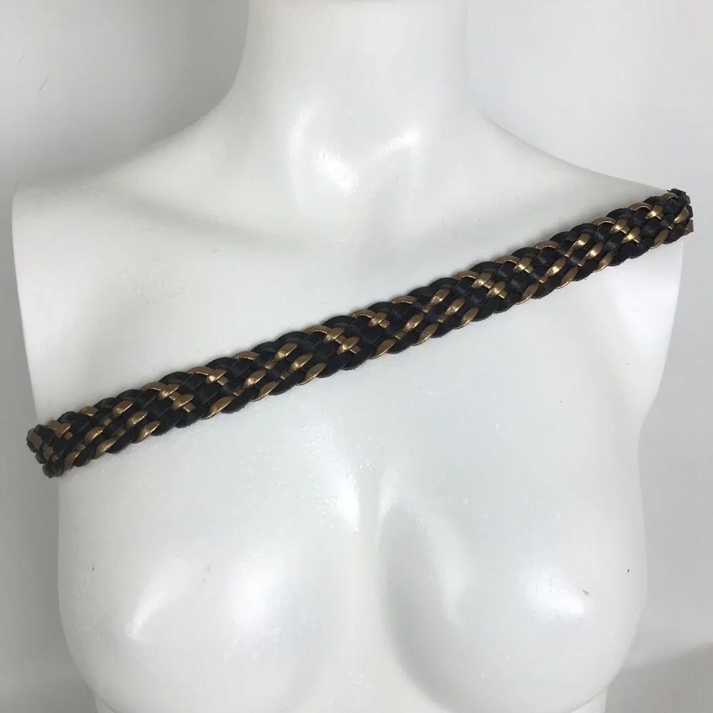 Vintage 80’s Woven Leather Belt Black And Gold Retro Braided Women’s Size M
